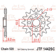 JT Sprockets self-cleaning lightweight front sprocket for 520 pitch, displaying the JT Sprockets brand and detailed teeth design.