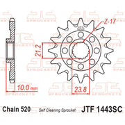 JT Sprockets lightweight front sprocket with self-cleaning design for 520 pitch, model JTF1443.14SC, showing the sprocket's teeth and structure.
