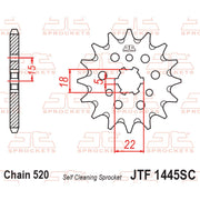 JT Sprockets lightweight front sprocket with self-cleaning design, 520 pitch, model JTF1445.12SC, shown in a close-up view.