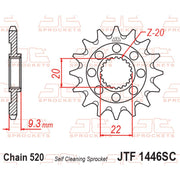 JT Sprockets lightweight front sprocket with self-cleaning design, for 520 pitch motorcycle drive systems.