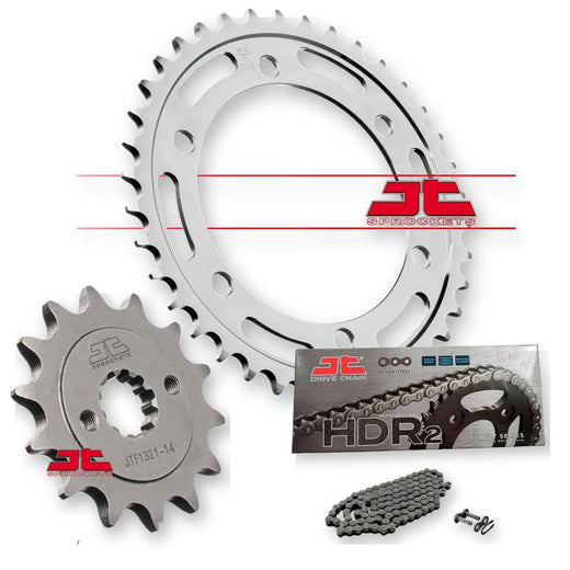 JT Sprockets JTF1321.14, JTR1220.36, JTC520HDR108SL sprockets displayed in the image.