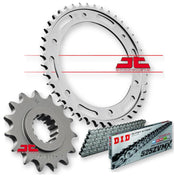 JT Sprockets JTF1332.16, JTR1346.43, DID525ZVMX110 motorcycle sprockets set with metal chain links, close-up view