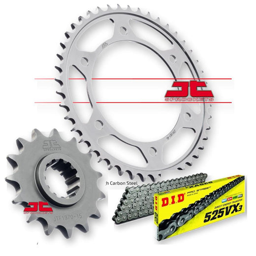 JT Sprockets JTF1370.16, JTR1307.42, DID525VX112 sprocket set with metal gears and detailed machining in a close-up shot.