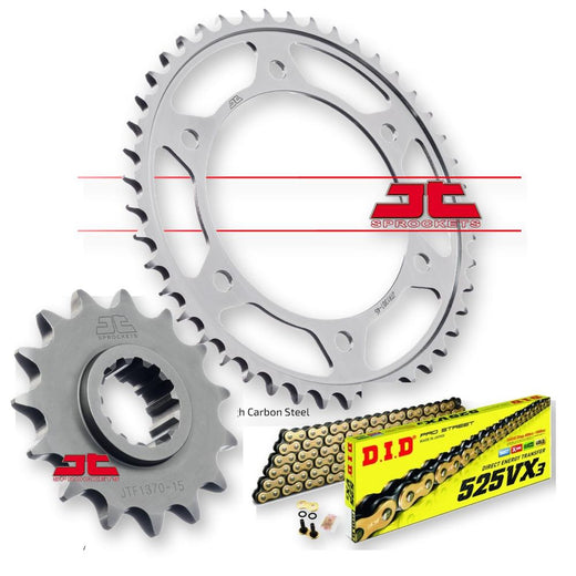 JT Sprockets JTF1370.16, JTR1307.42, DID525VXGB112 chain sprockets with metal finish, displayed on a plain background