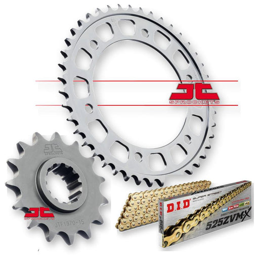 JT Sprockets JTF1370.16, JTR1317.43, DID525ZVMXGG116 drive sprockets for motorcycles, showing close-up of metal components.