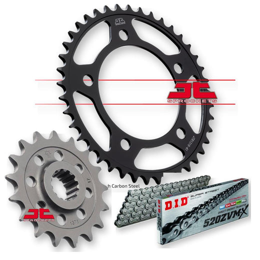 JT Sprockets JTF1373.17, JTR1316.39, DID520ZVMX112 chain sprockets, close-up of metal sprockets with gear teeth