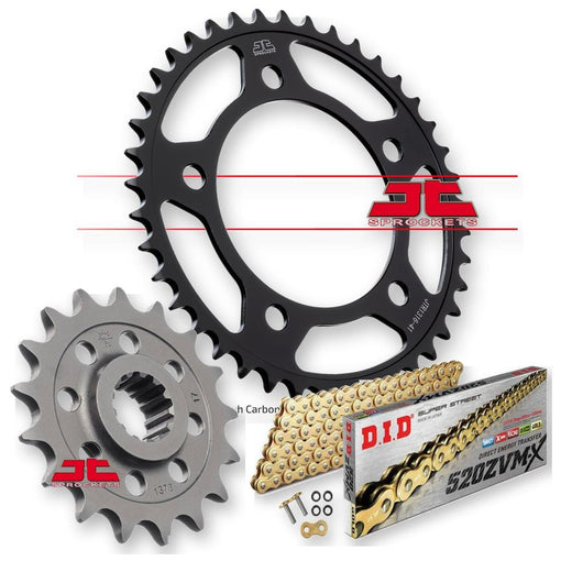 JT Sprockets JTF1373.17, JTR1316.43, DID520ZVMXGG114 motorcycle sprockets set, close-up of metal gears with branding details