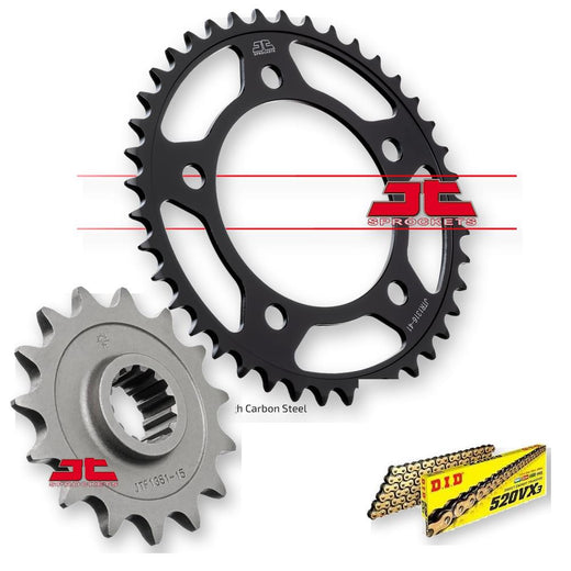 JT Sprockets JTF1381.15, JTR1316.41, DID520VX3GB112 motorcycle sprockets with detailed metal teeth and brand markings.