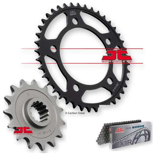 JT Sprockets JTF1381.15, JTR1316.41, JTC520X1R3-112DL gear set with metal sprockets and components in a close-up view