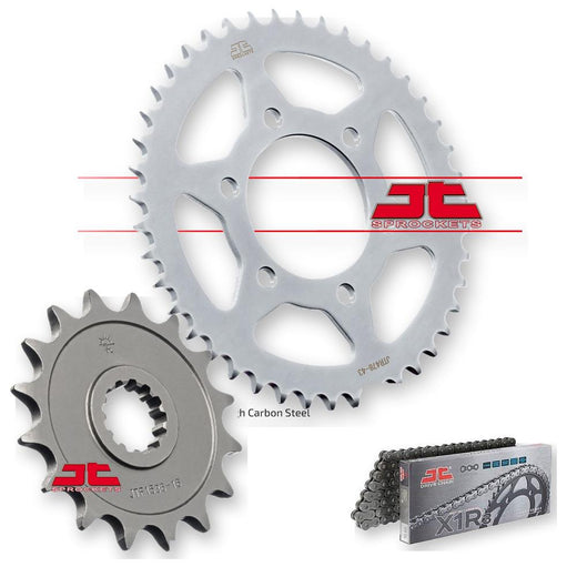 JT Sprockets JTF1536.16, JTR478.43, JTC520X1R3-112DL gear sprockets with metal teeth and detailed markings.