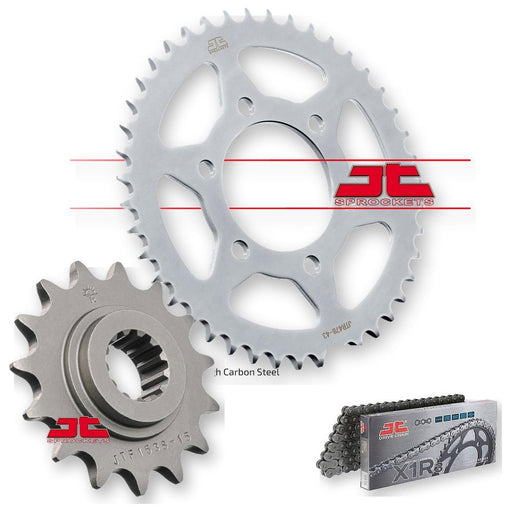 JT Sprockets JTF1538.15, JTR478.43, JTC520X1R3-112DL sprockets set, close-up of metal sprockets with detailed teeth.