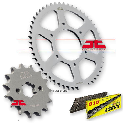 JT Sprockets JTF1550.14, JTR1844.48, DID428VX132 motorcycle sprockets showing gear teeth and branding details