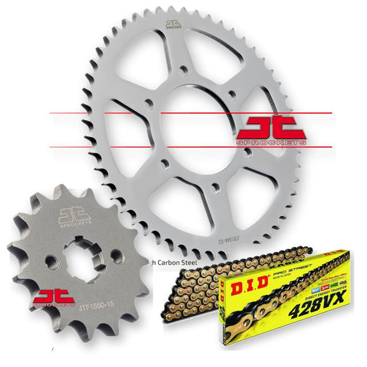 JT Sprockets JTF1550-14 and JTR1844-48 chain sprockets with DID428VXGB132, metal gears for heavy-duty machinery.
