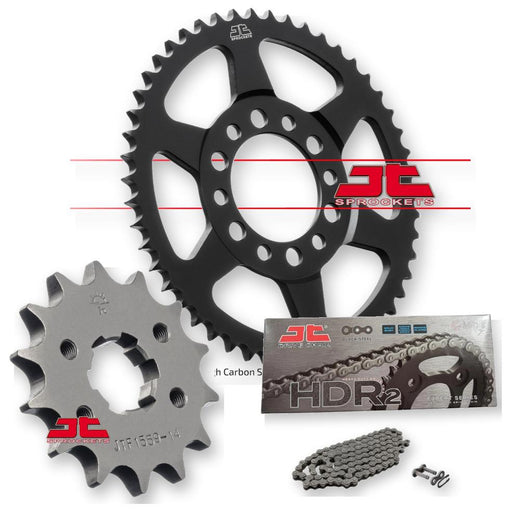 JT Sprockets JTF1559.14, JTR1842.50, JTC428HDR122SL motorcycle sprockets with metal finish, arranged in a row.