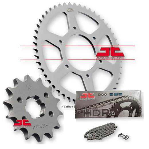 JT Sprockets JTF1559.14, JTR1844.43, and JTC428HDR126SL motorcycle sprockets shown in a detailed product image.