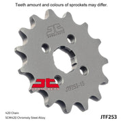 JT Sprockets JTF253.14, JTR257.39, and JTC420HDR098SL motorcycle sprockets set with metallic finish and detailed teeth design