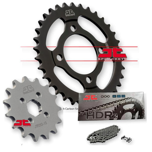 Set of JT Sprockets JTF253.15, JTR211.39, and JTC420HDR098SL with metal sprockets and chain links for motorcycle drive systems.