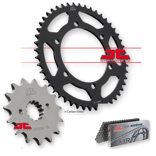JT Sprockets JTF308.15, JTR855.45, JTC520X1R3-110DL sprockets set, close-up of metal sprockets on a white background