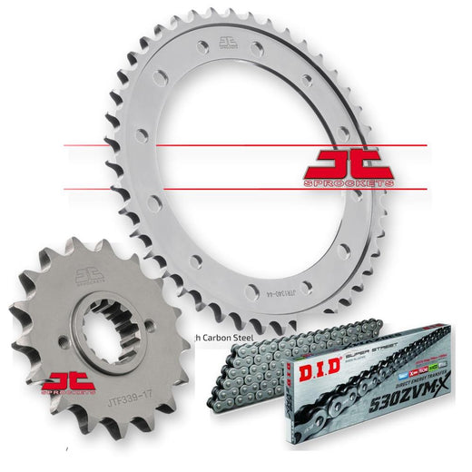 JT Sprockets JTF339.16, JTR1340.43, and DID530ZVMX116 motorcycle sprockets displayed in a close-up image.
