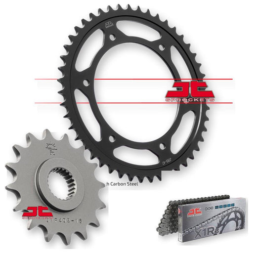 JT Sprockets JTF402.16, JTR5.47, JTC520X1R3-110DL sprockets with gear teeth and metal finish, for motorcycle or machinery use.