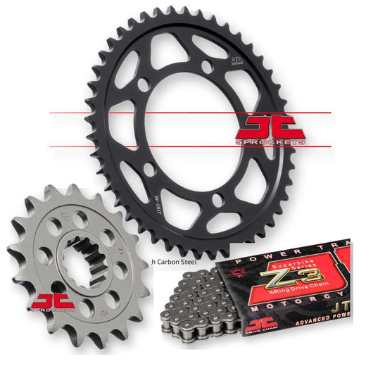 JT Sprockets JTF404.17 JTR7.45 JTC525Z3-120RL sprockets set, showing detailed metal gear components for motorcycles or machinery.