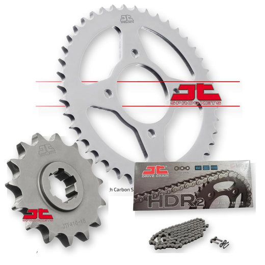 Set of JT Sprockets JTF410.13, JTR810.48, and JTC428HDR132SL with sprockets and chains for industrial machinery.