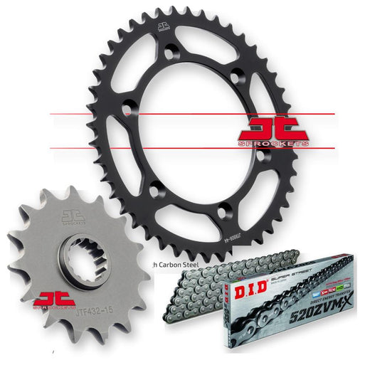 JT Sprockets JTF432.15, JTR808.41, DID520ZVMX110 motorcycle sprockets on a white background