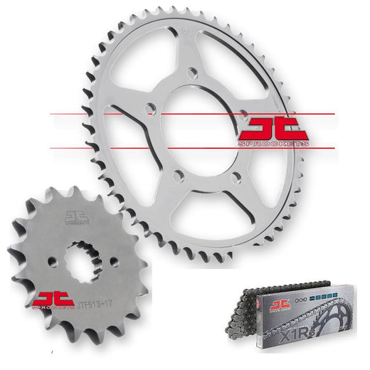 JT Sprockets JTF513.15, JTR829.47, and JTC530X1R112RL sprockets shown in a set with detailed metal finish