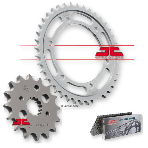 JT Sprockets JTF519.17 JTR499.42 JTC530X1R112RL sprockets set with gear and chain components for motorcycle or machinery.