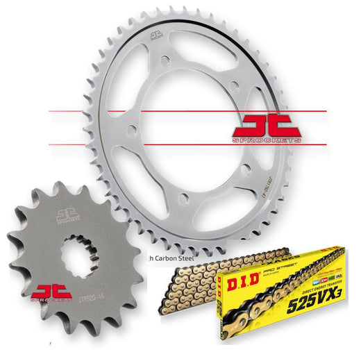 JT Sprockets JTF520.16, JTR1792.45, DID525VXGB110 sprockets set with gear and chain components visible.