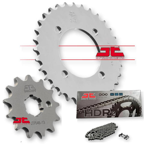 Set of JT Sprockets with JTF546.15, JTR834.36, and JTC420HDR098SL chain sprockets, featuring metal construction and gear teeth.