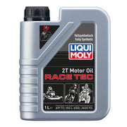 Liqui Moly 2T Motor Oil Race Tec 1L container for two-stroke engines, with a black cap and label showing product details.