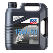 Liqui Moly Motorbike 4T 15W-50 Street engine oil in a 4-liter container, suitable for 4-stroke motorcycles.