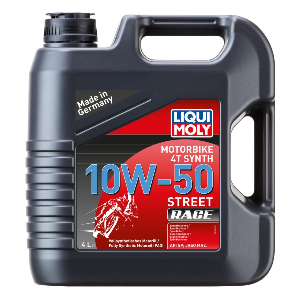 Liqui Moly Motorbike 4T Synth 10W-50 Street Race 4L synthetic motorcycle engine oil bottle.