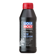 Liqui Moly motorcycle fork oil 10W medium in 500ml bottle, designed for smooth suspension performance.