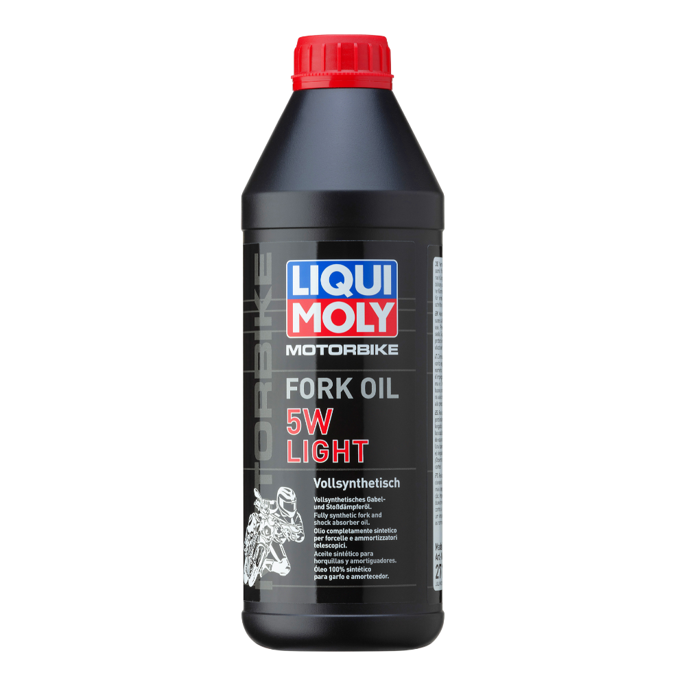 Liqui Moly Motorbike Fork Oil 5W Light 1L bottle with label and cap, designed for motorcycle fork maintenance.
