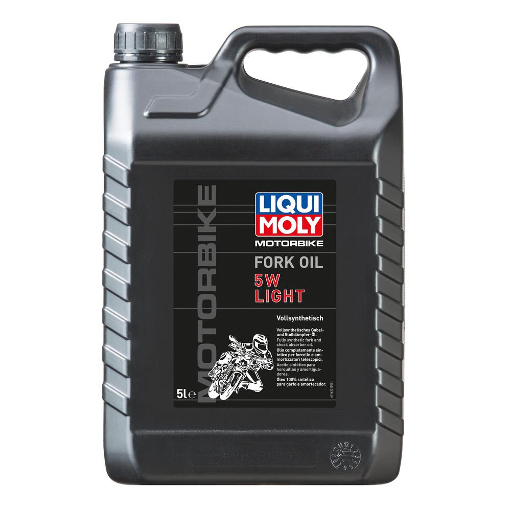 Liqui Moly Motorbike Fork Oil 5W Light, 5-liter container, used for motorcycle suspension maintenance.