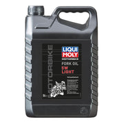 Liqui Moly Motorbike Fork Oil 5W Light, 5-liter container, used for motorcycle suspension maintenance.
