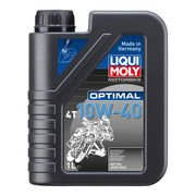 Liqui Moly Motorbike Optimal 4T 10W-40 1L motor oil bottle, ideal for 4-stroke motorcycles, with label visible.