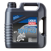 Liqui Moly Motorbike Optimal 4T 10W-40 engine oil in a 4-liter container, suitable for 4-stroke motorcycles.