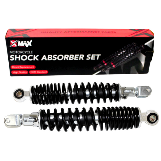 Rear shock absorber set for motorcycles, Max Motorcycles SHK103, showing the black coil springs and mounting components.