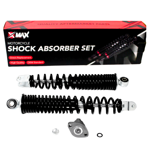 Max Motorcycles rear shock absorber set SHK110, showing the durable shock absorbers with mounting hardware for motorcycle suspension.