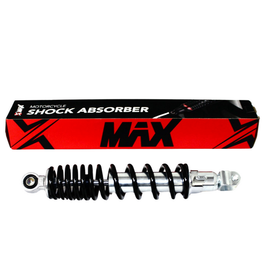 Max Motorcycles Rear Shock Absorber SHK128 for motorcycle suspension system, shown in black with coil spring design.