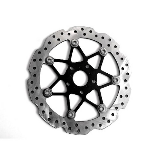 Max Motorcycles right front brake disc BRD130 with vented metal surface and mounting holes for motorcycle braking system.