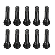Max Motorcycles TR413 tubeless motorcycle tyre valves, 10-pack, close-up of black valve stems for secure tyre inflation.