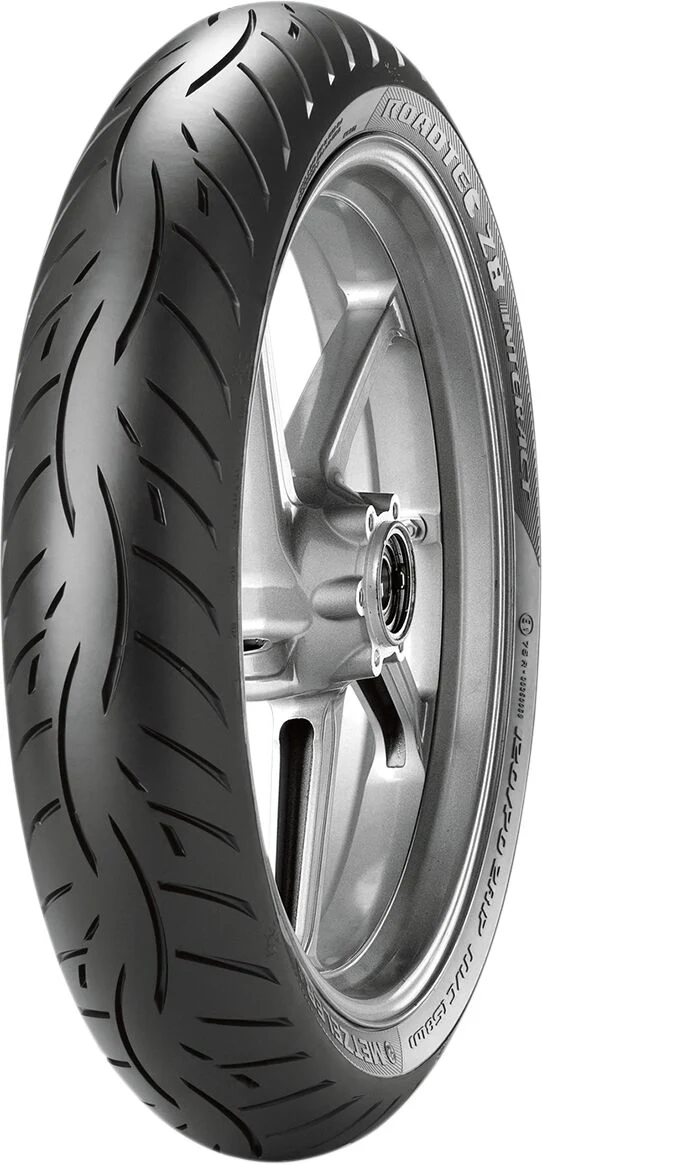 Metzeler Roadtec Z8 Interact front motorcycle tire, 120/70ZR17M/CTL, featuring tread pattern and sidewall branding.
