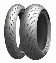Michelin Power 5 front motorcycle tyre in 120/70ZR17M/C size, showing tread pattern and sidewall details.