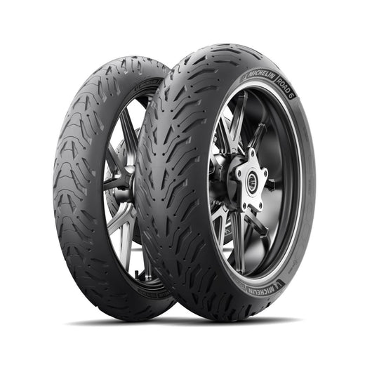 Michelin 150/60R17 66W Road 6 TL rear motorcycle tire on a wheel, showing tread pattern and sidewall details.