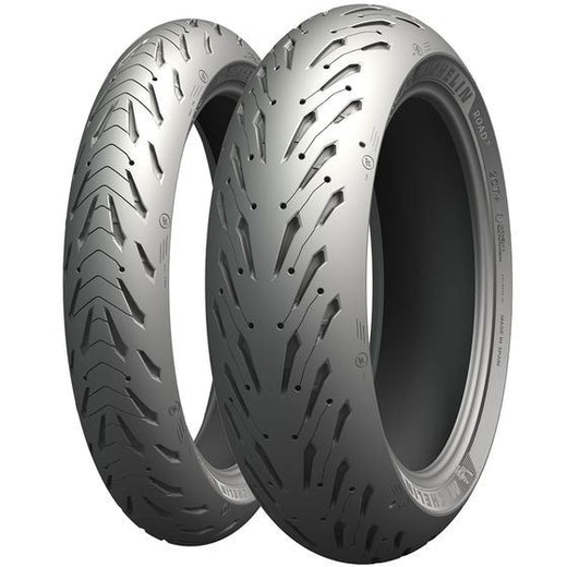 Michelin Road 5 TL rear motorcycle tire 160/60R17 69W with tread pattern visible for high performance riding.