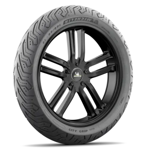 Michelin City Grip Saver tire 90/90-10 50J for scooters, showing tread pattern and sidewall details.